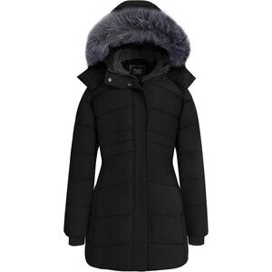 Women's Waterproof Winter Puffer Jacket Coat Black Long Faux Detachable Hood